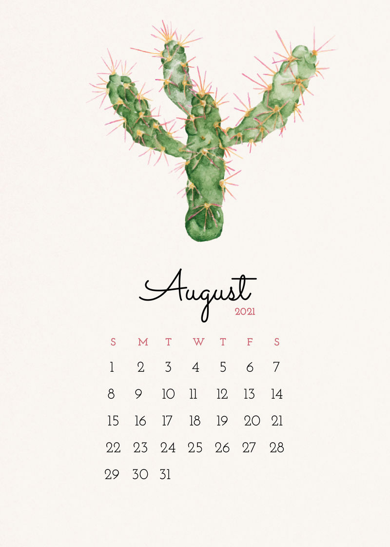 2021年8月可编辑日历模板矢量与水彩仙人掌插图