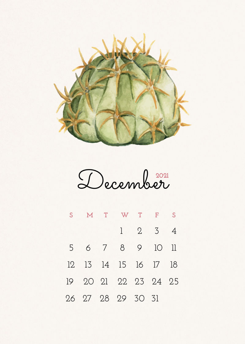2021年12月可编辑日历模板矢量与水彩仙人掌插图