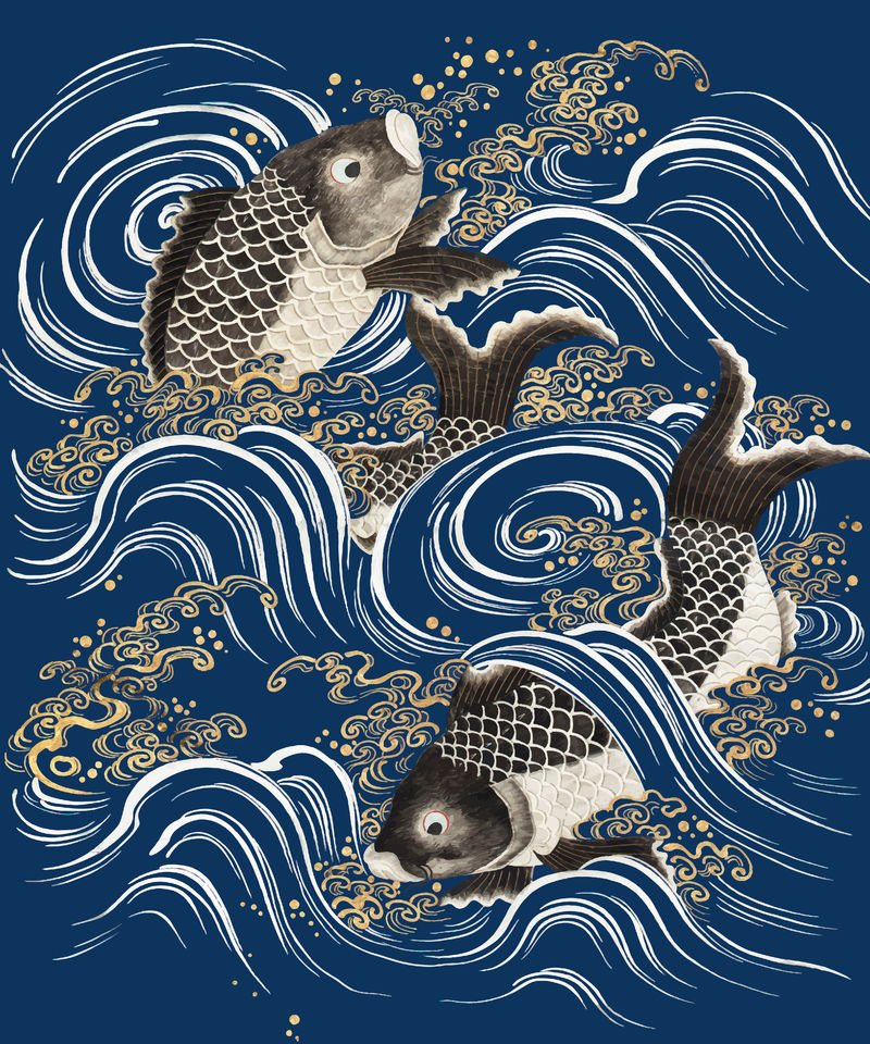 鲤鱼在波浪矢量蓝色背景下具有公共领域的艺术作品