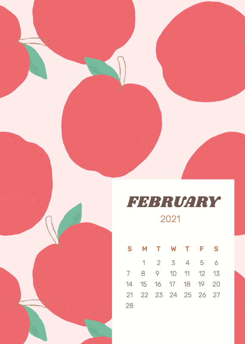 日历2021年2月可打印矢量模板与可爱的水果背景