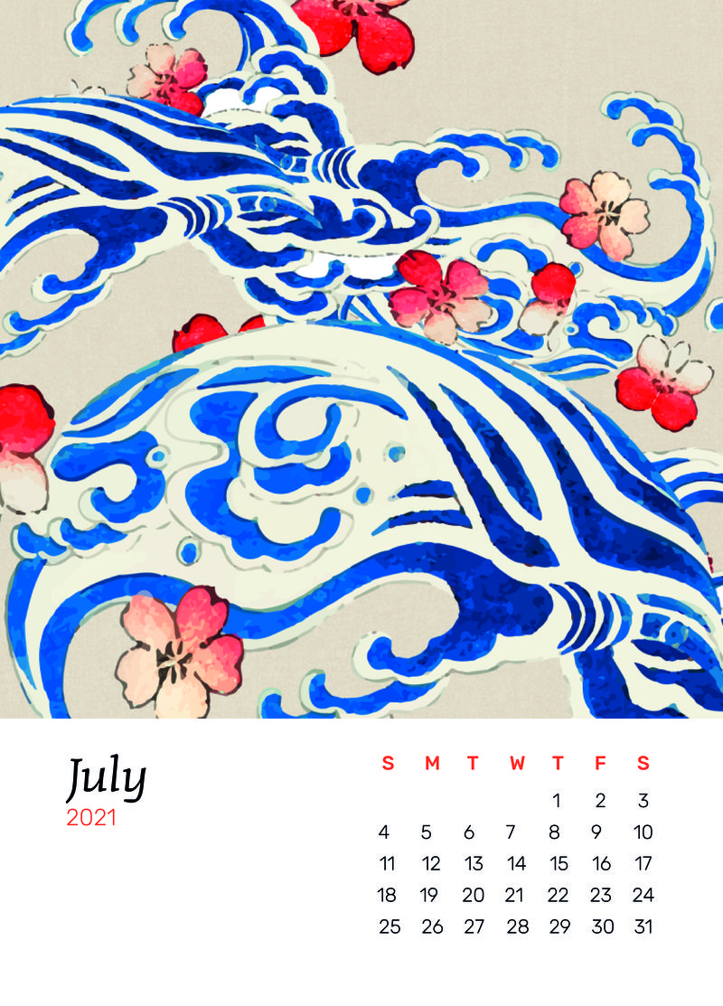 2021年7月日历可打印psd带日本波和渡边胜泰的樱花混合艺术作品