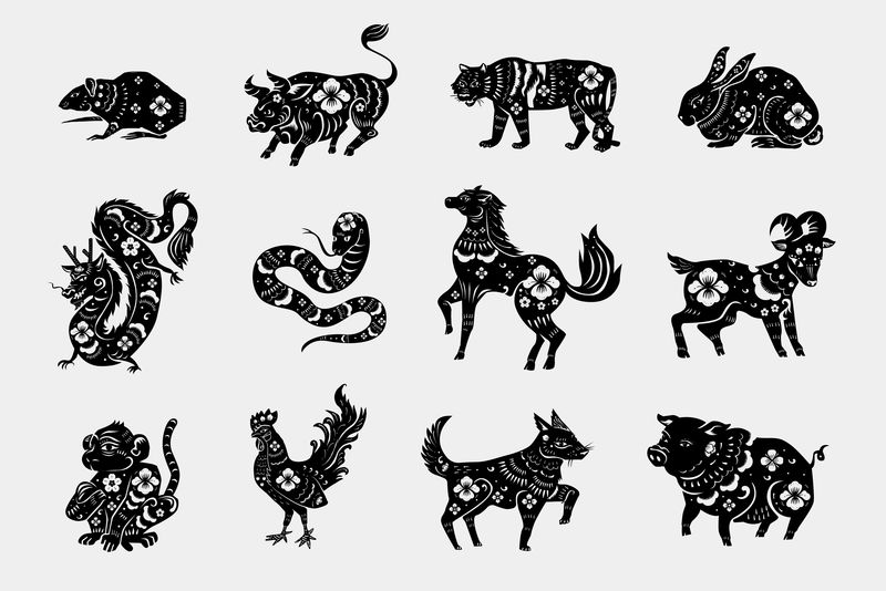 中国动物十二生肖psd黑色年画系列