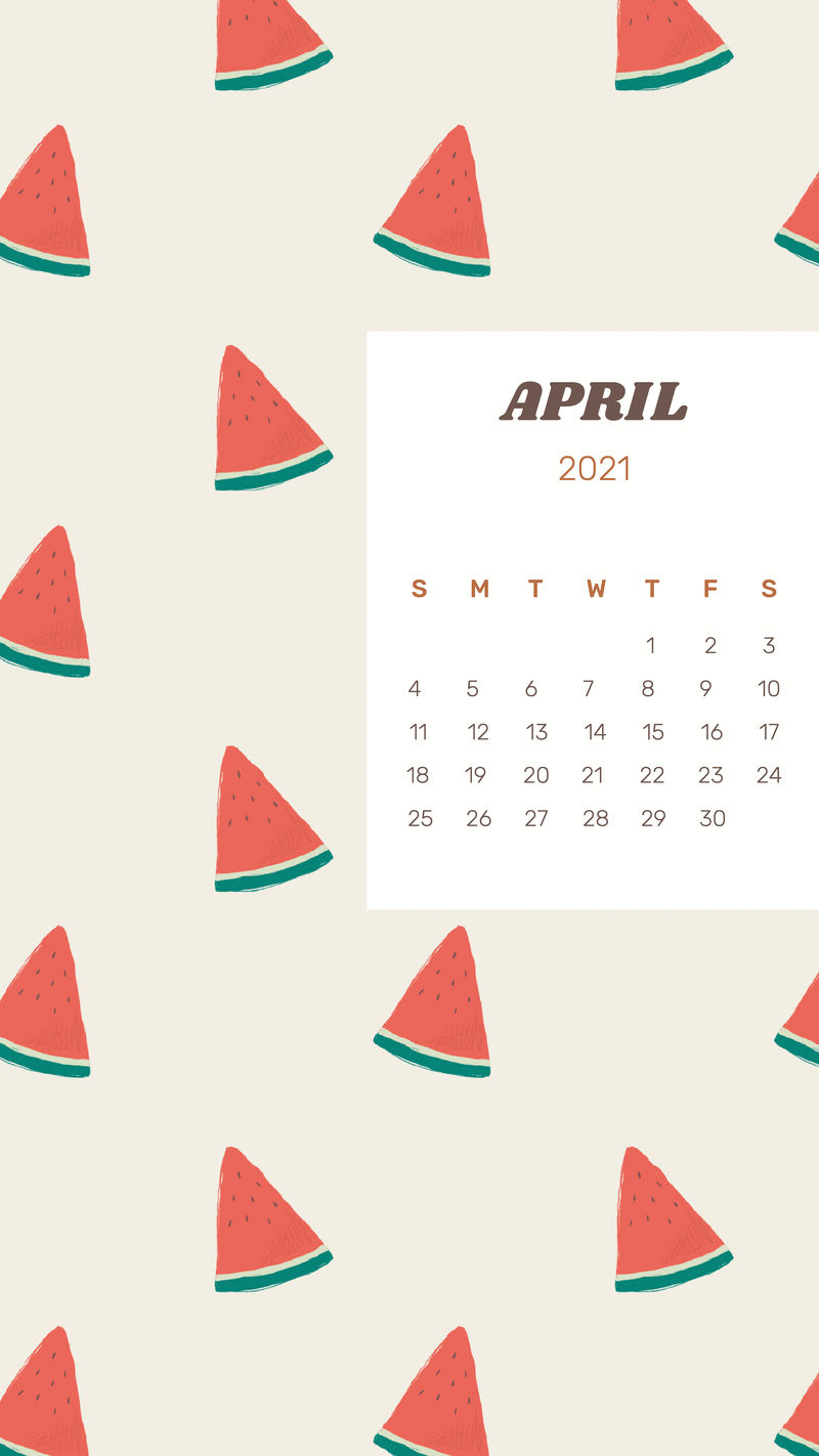 日历2021年4月带可爱西瓜背景的可打印矢量模板