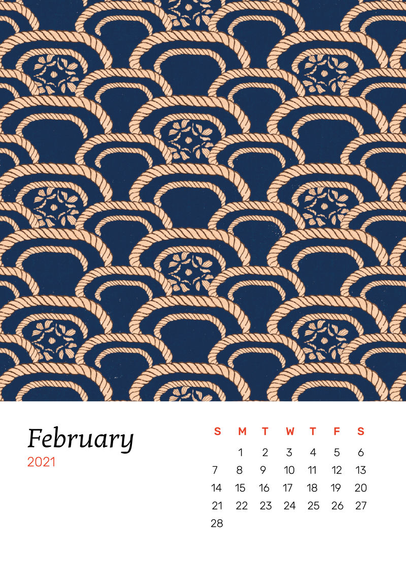 2021年2月Watanabe Seitei制作的日历可打印矢量与传统日本图案混合艺术品