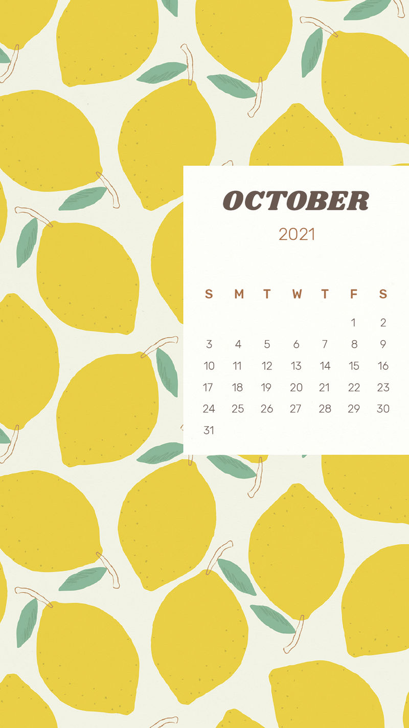 日历2021年10月带可爱柠檬背景的可编辑模板psd