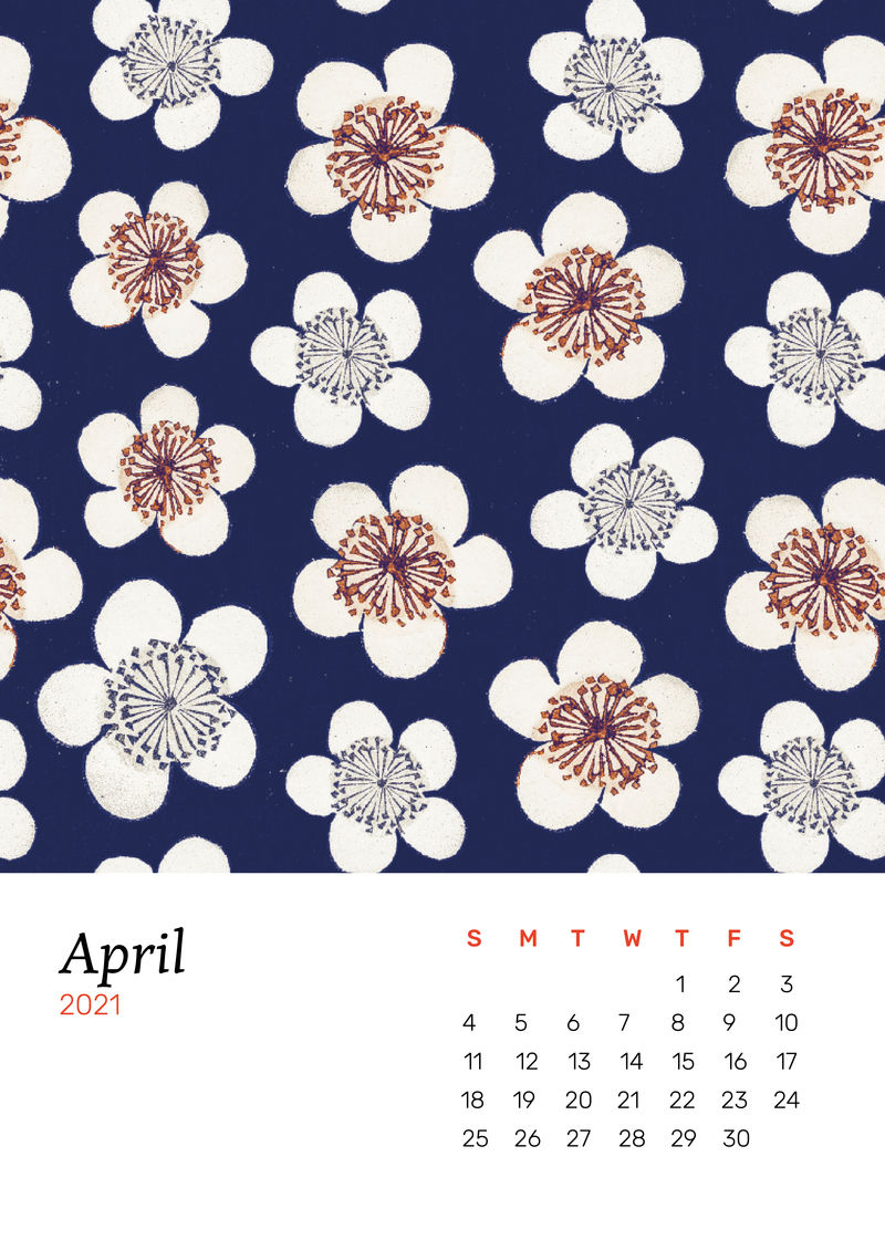 2021年4月Watanabe Seitei制作的带有日本梅花混音艺术作品的日历可打印矢量