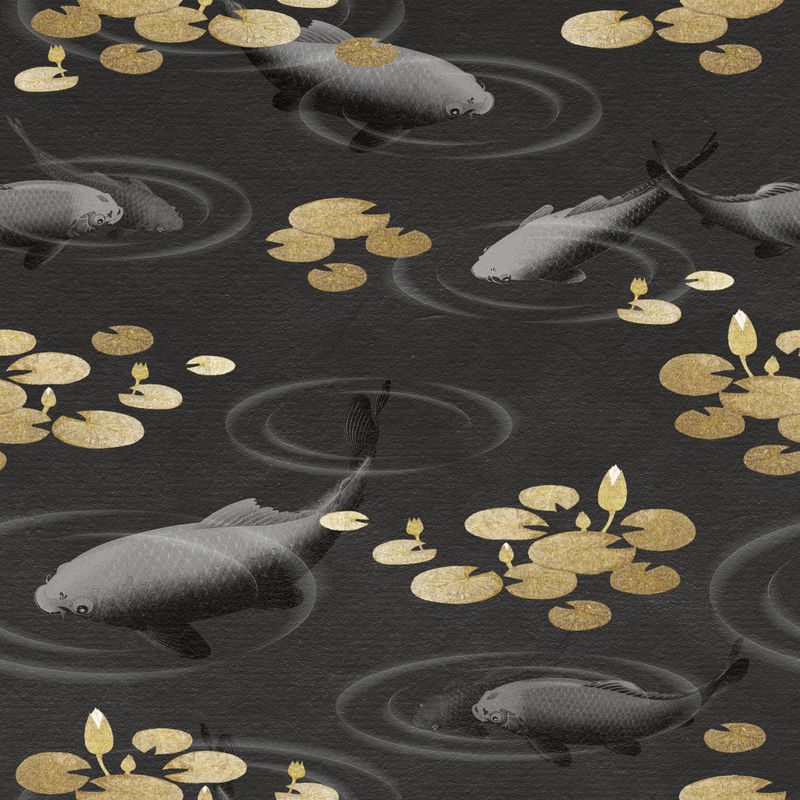 黑色背景插图上带有金色莲花无缝图案的青鱼