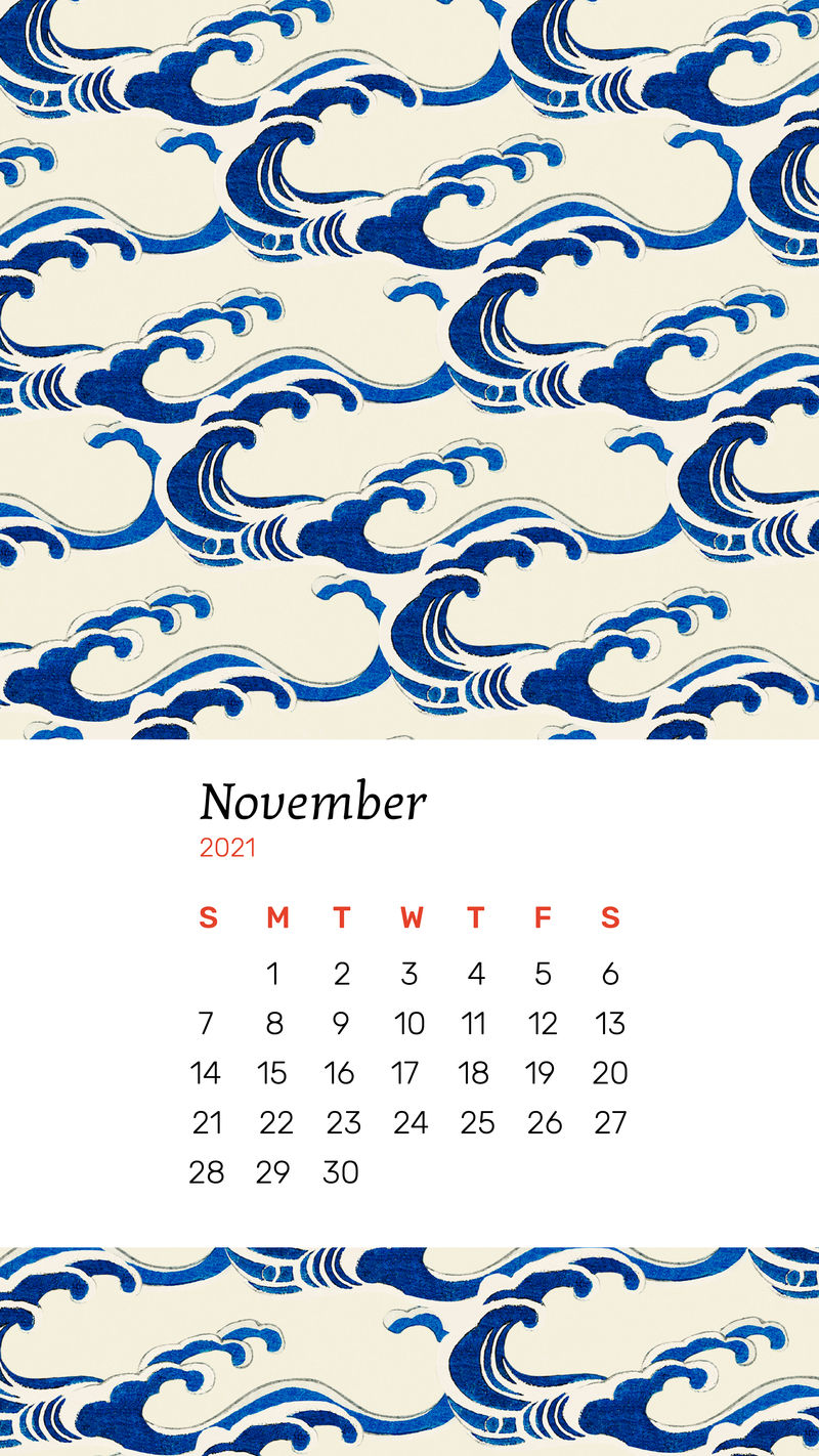 日历2021年11月Watanabe Seitei日本波浪图案混音艺术作品的可打印矢量