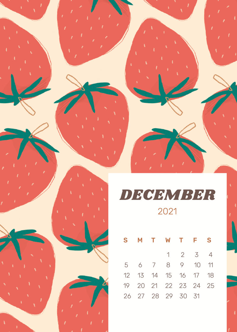 日历2021年12月带可爱草莓背景的可编辑海报模板向量