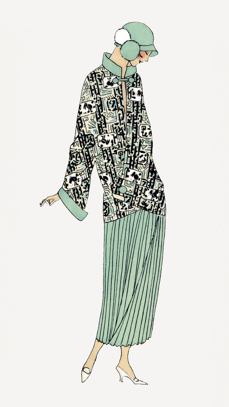 身着绿色挡板裙的女性psd根据Tr\u0026egrave上发布的复古插图进行了混搭；巴黎人