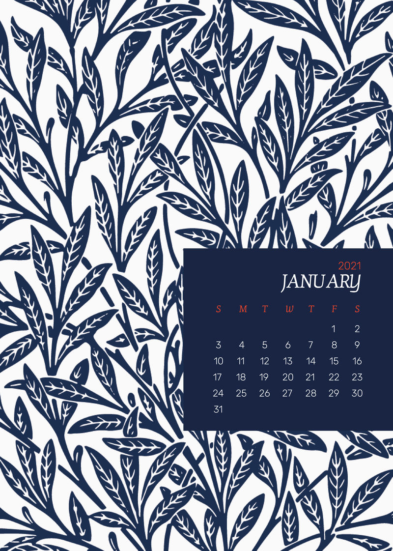 2021年1月带有William Morris花卉图案的可编辑日历模板向量