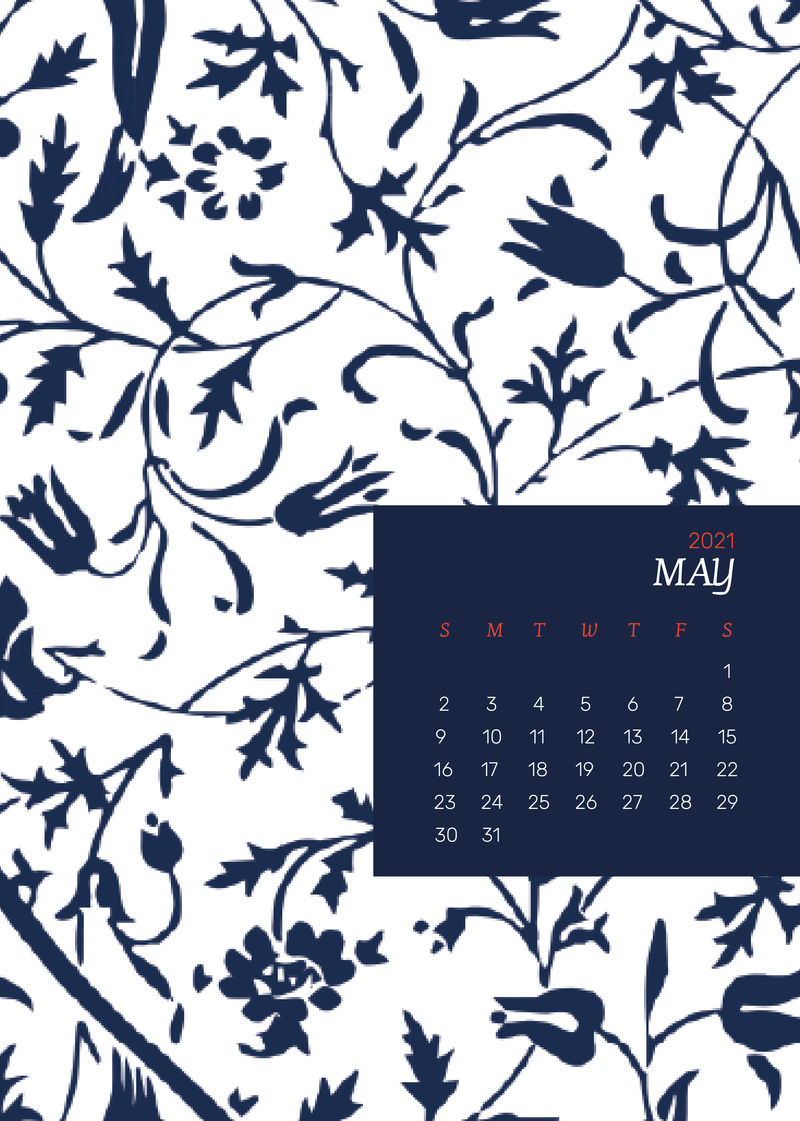 2021年5月带有William Morris花卉图案的可编辑日历模板向量