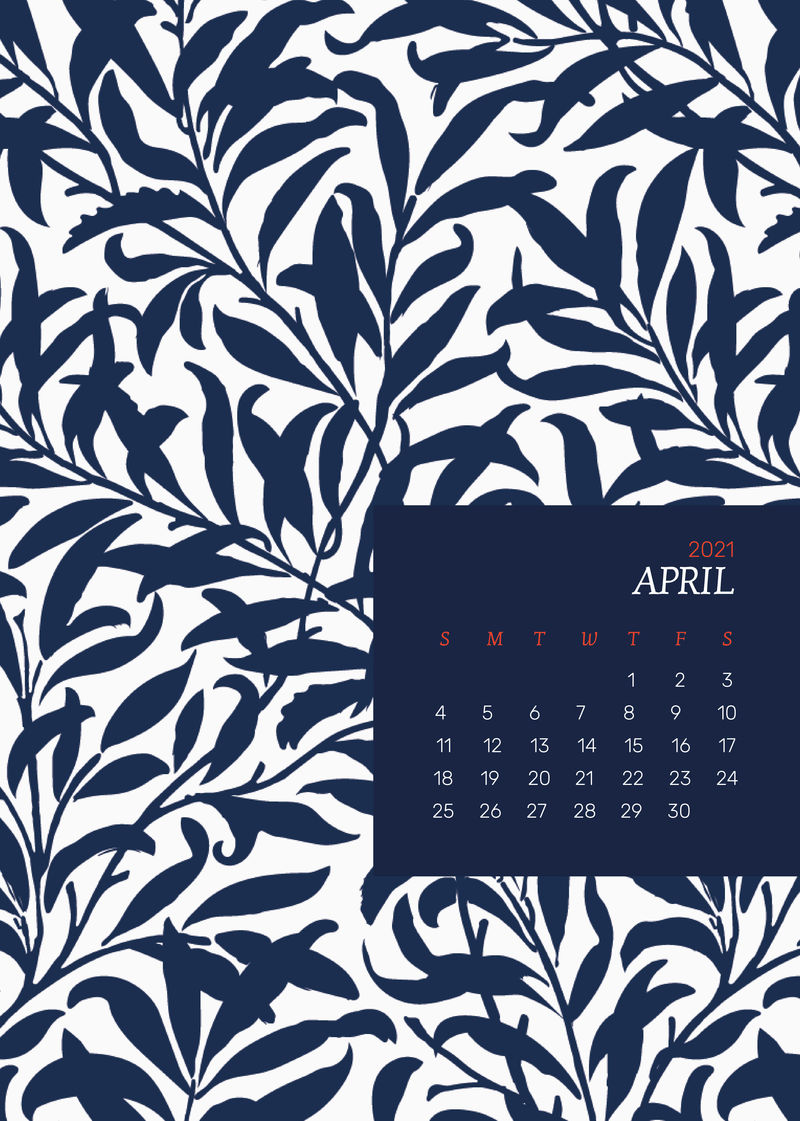2021年4月带有William Morris花卉图案的可编辑日历模板向量
