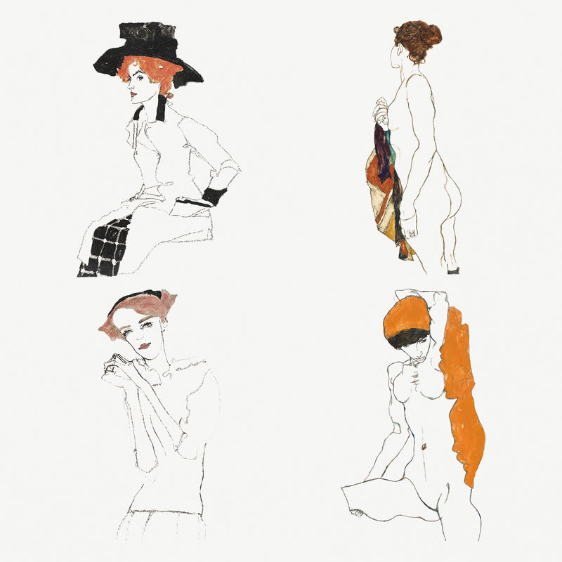 复古女性线条艺术绘画psd集由Egon Schiele的艺术作品混合而成