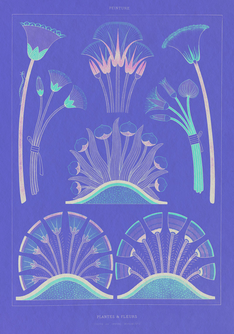 紫色埃及植物和花卉复古墙面艺术印刷海报设计混搭原创艺术品