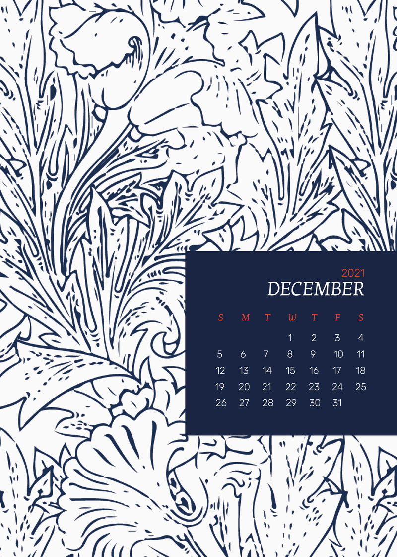 2021年12月带有William Morris花卉图案的可编辑日历模板向量
