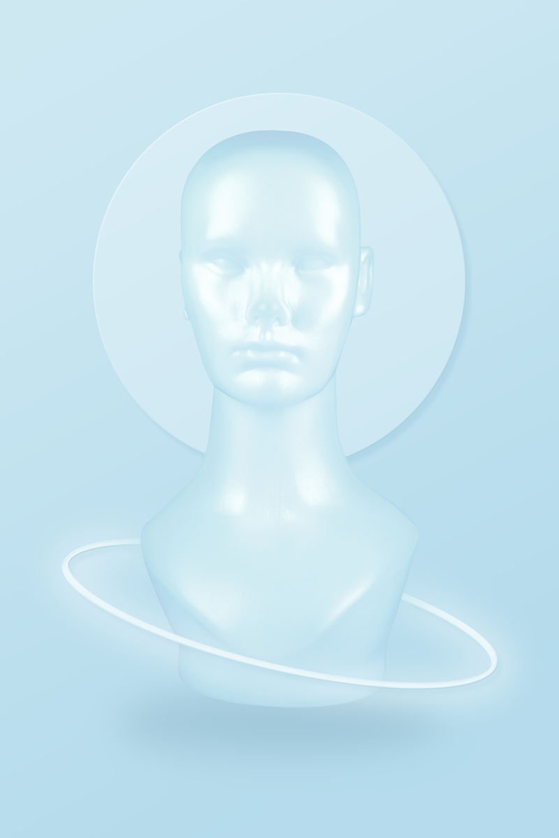蓝色背景上带有白色霓虹灯环的抽象假人头部