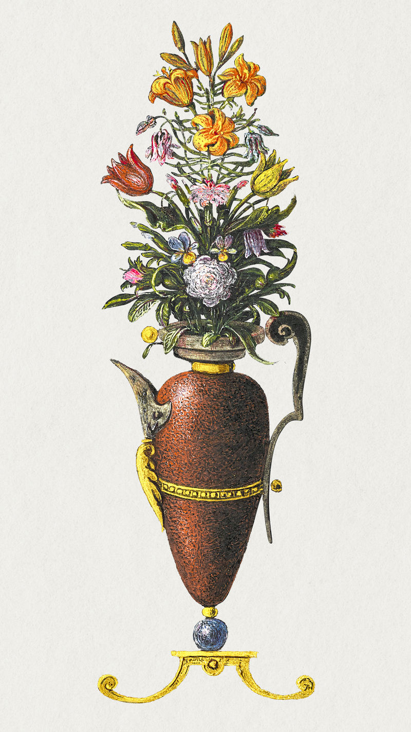 盛开的花朵在老式花瓶手绘插图