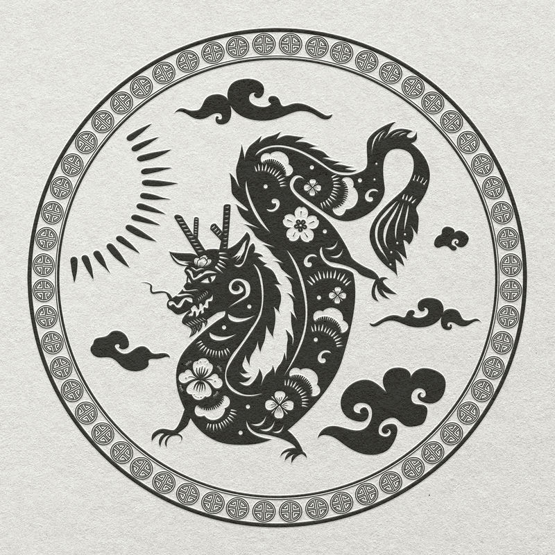 龙年徽章psd黑色中国占星术动物