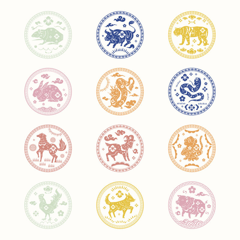 中国星座动物徽章psd彩色新年设计元素套装