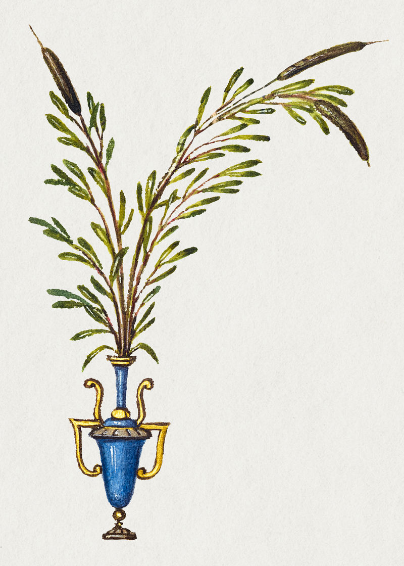 维多利亚时期绿色植物蓝色花瓶装饰