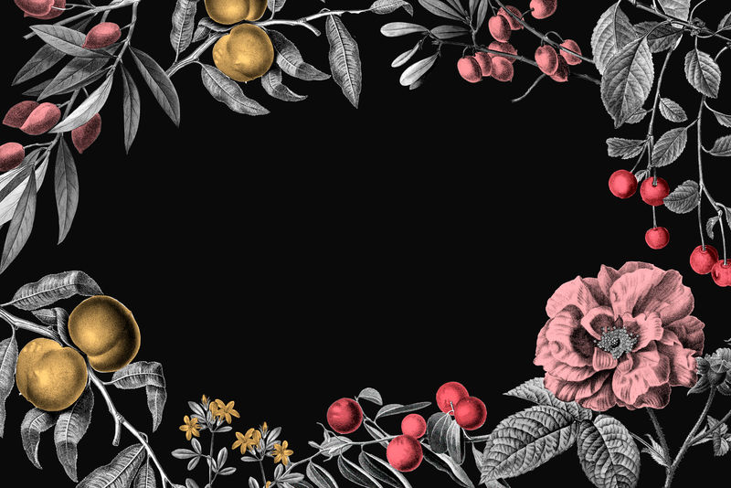 玫瑰框架复古花卉矢量插图和黑色背景上的水果