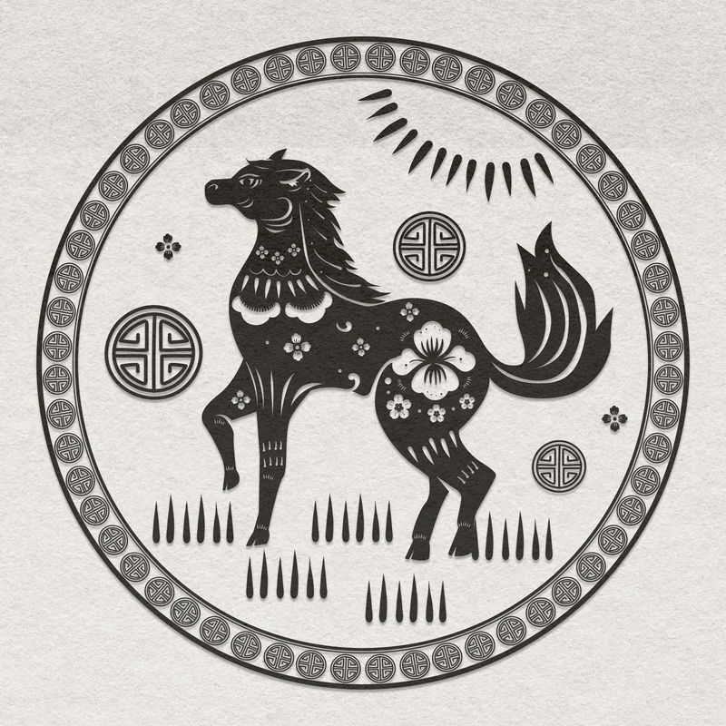 中国新年马矢量徽章黑色动物生肖