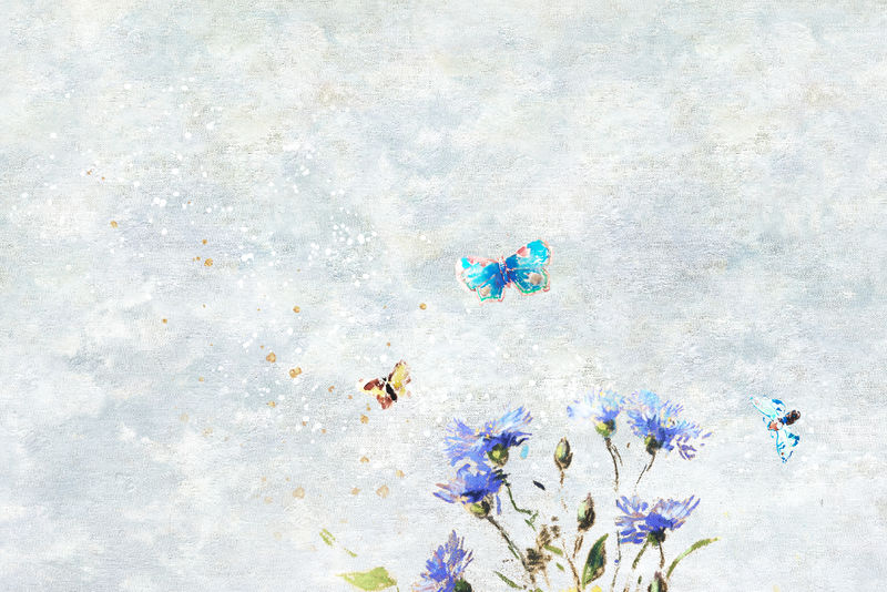 涂有蝴蝶油画的蓝色花朵