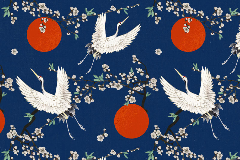 带梅花图案的传统日本鹤渡边胜泰艺术作品的混音
