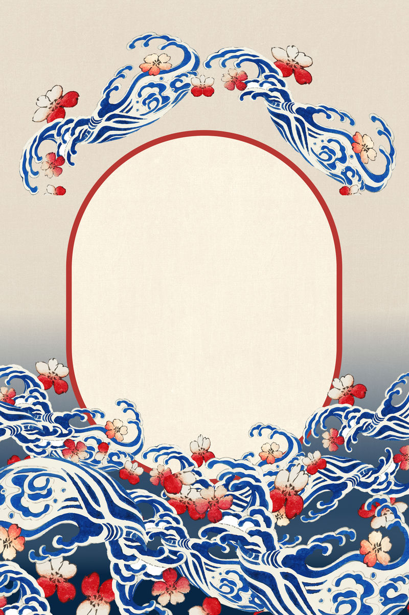 带樱花图案框架的日本波浪渡边胜泰艺术作品的混音