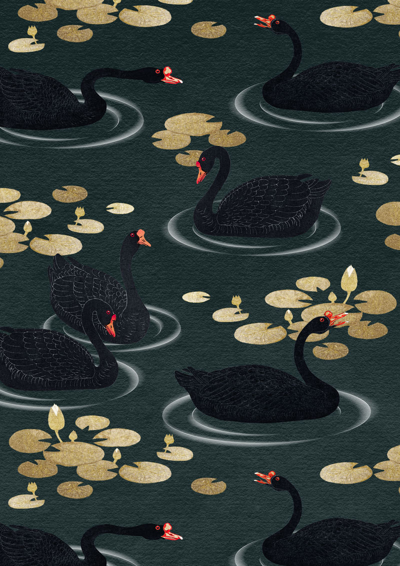 深绿色背景插图上有金色荷花图案的游泳黑雁