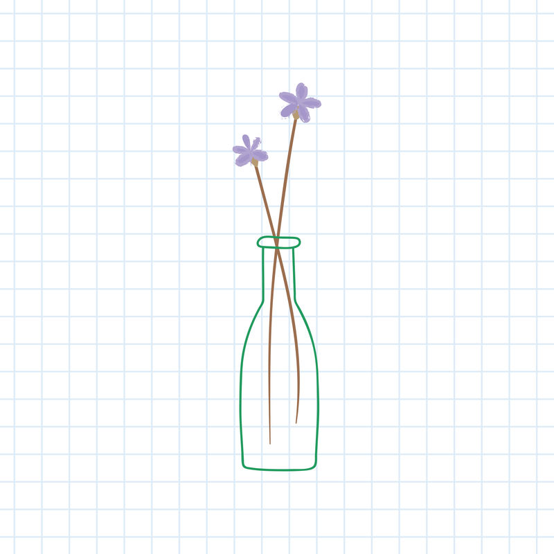 网格背景上花瓶中的紫色涂鸦花