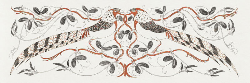 植物学背景上的复古雉鸡psd由Gerrit Willem Dijsselhof的艺术品混合而成