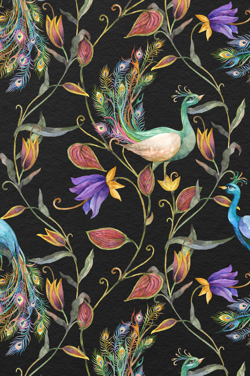 图案背景psd与水彩孔雀和花卉插图