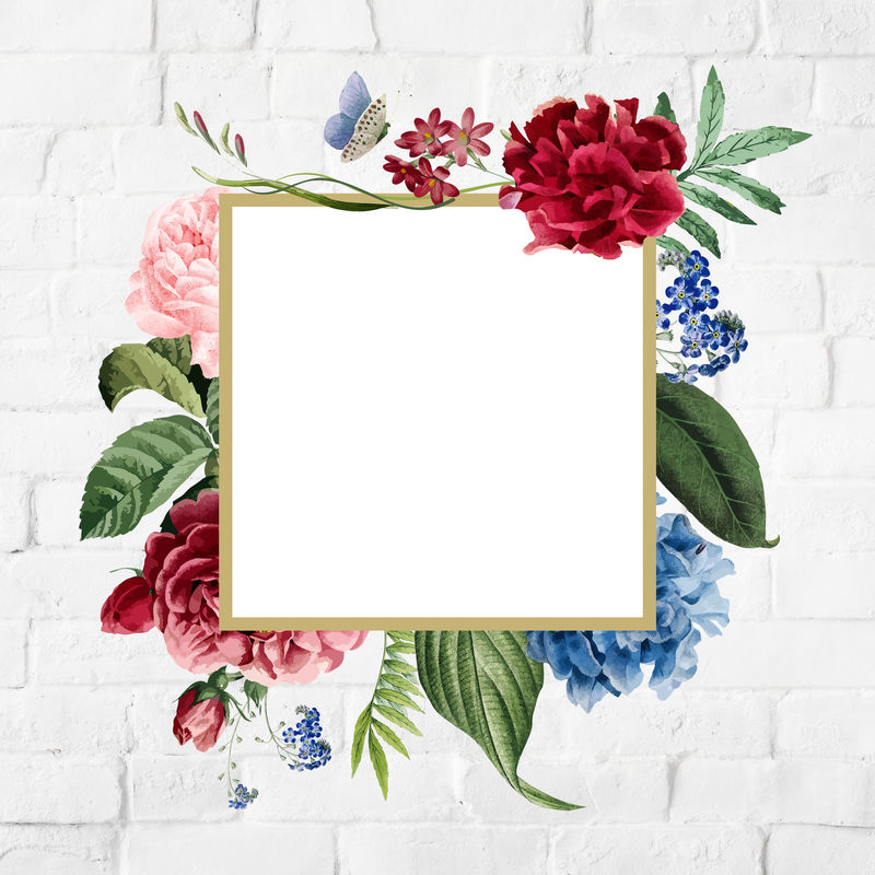 砖墙上的花卉方形框架插图