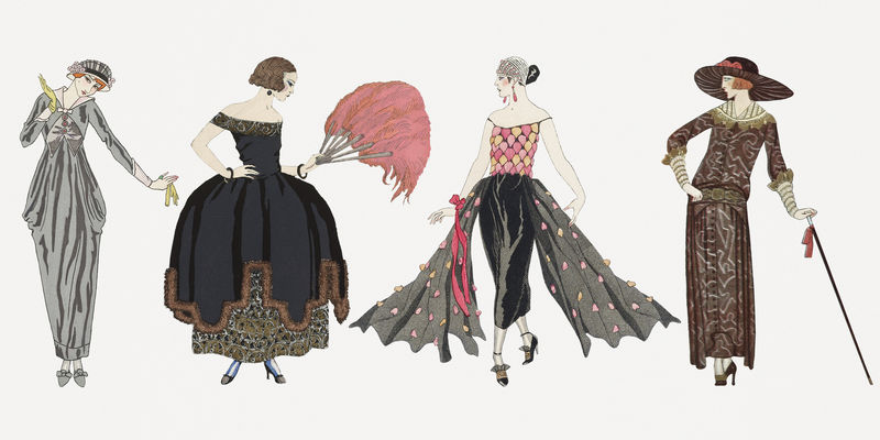 20世纪20年代女性&#x27；s时尚psd套装由George Barbier的艺术作品混音而成