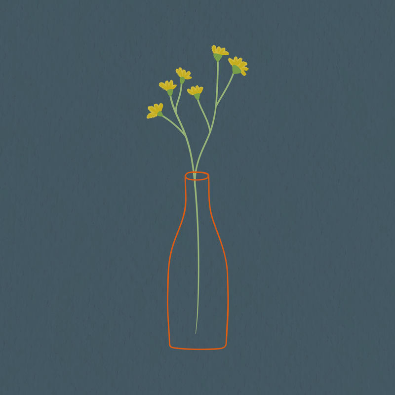 蓝色背景上玻璃花瓶中的黄色涂鸦花