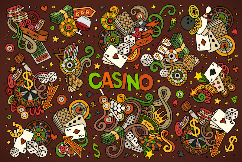 彩色矢量手绘涂鸦赌场创意图案背景