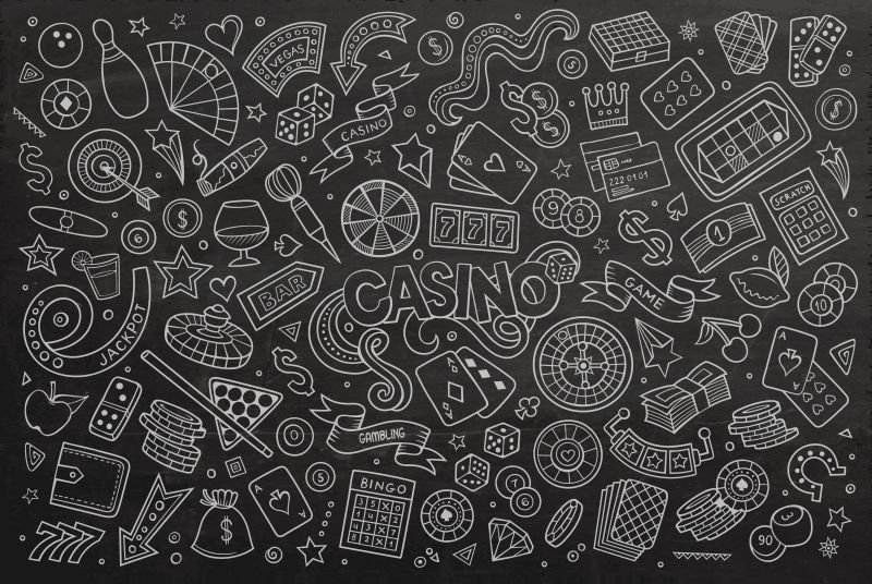 黑板背景的卡通手绘赌场图案矢量背景