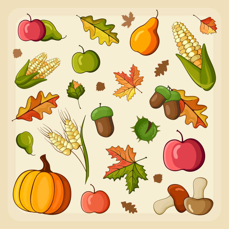 矢量秋季食物元素卡通插图
