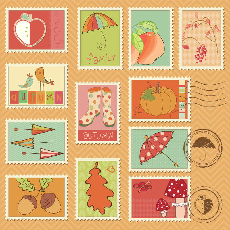 矢量一套秋季装饰元素设计邮票矢量插图