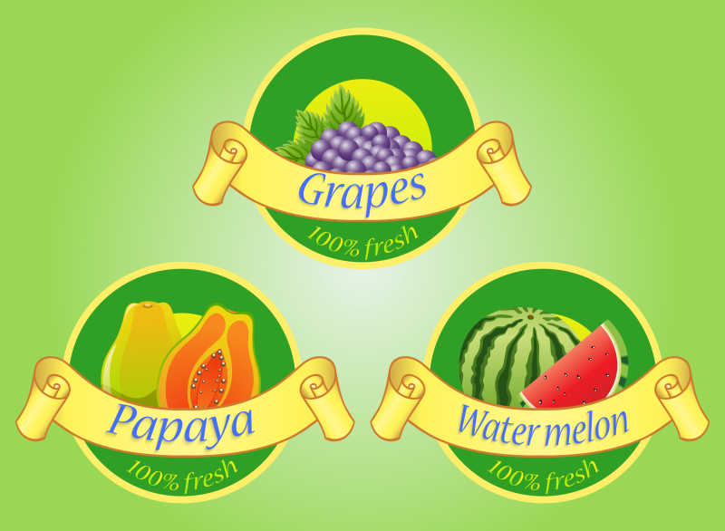 绿色背景上的水果标签矢量插图