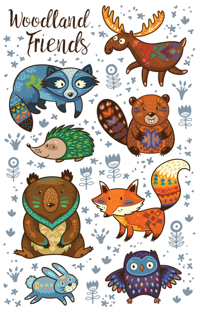 一组可爱的森林动物矢量插画