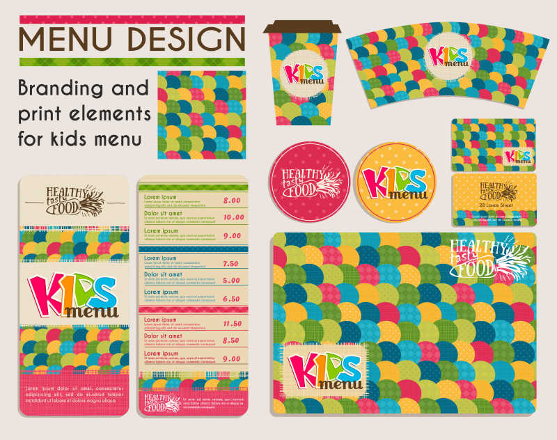 品牌和创意元素的儿童菜单矢量设计模板