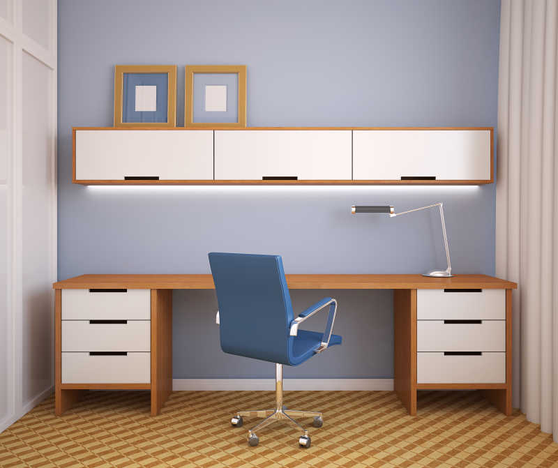 办公室白色的桌子和蓝色的墙壁