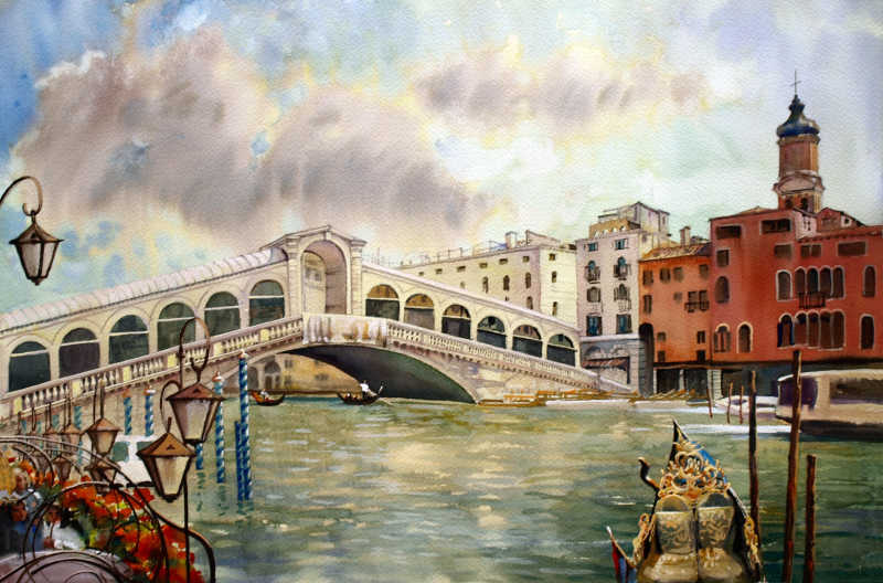 威尼斯牙托大桥运河油画插图