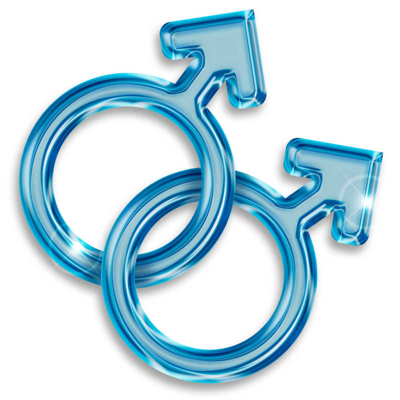 白色背景上交织在一起的蓝色男性同性恋关系符号