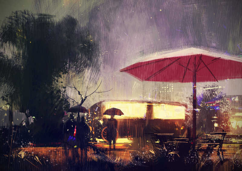 雨夜户外公园的行人绘画