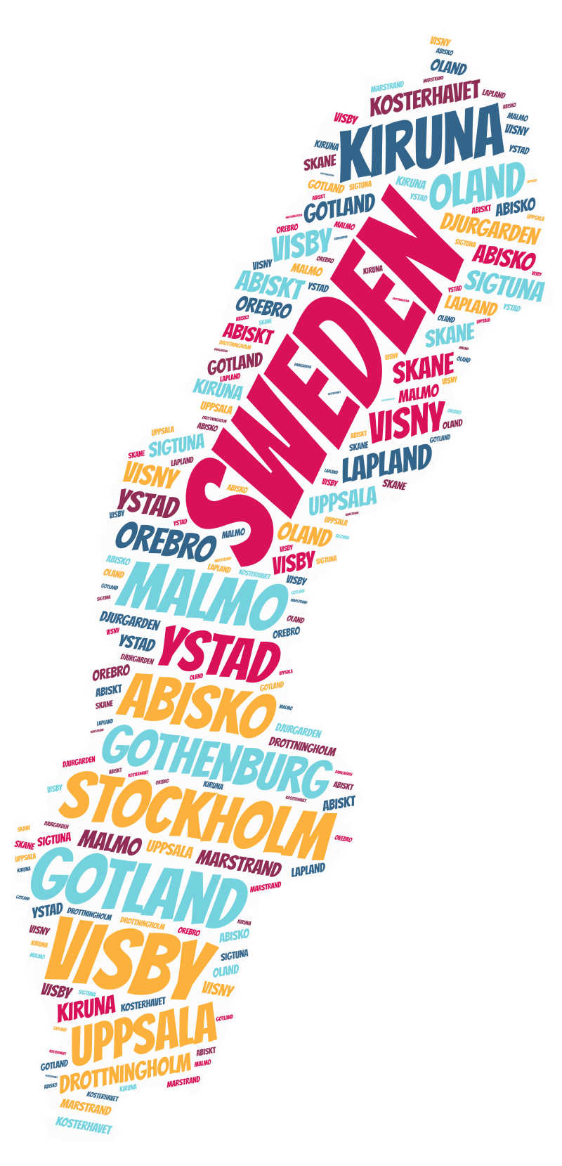 白色背景前瑞典顶级旅游地名单词