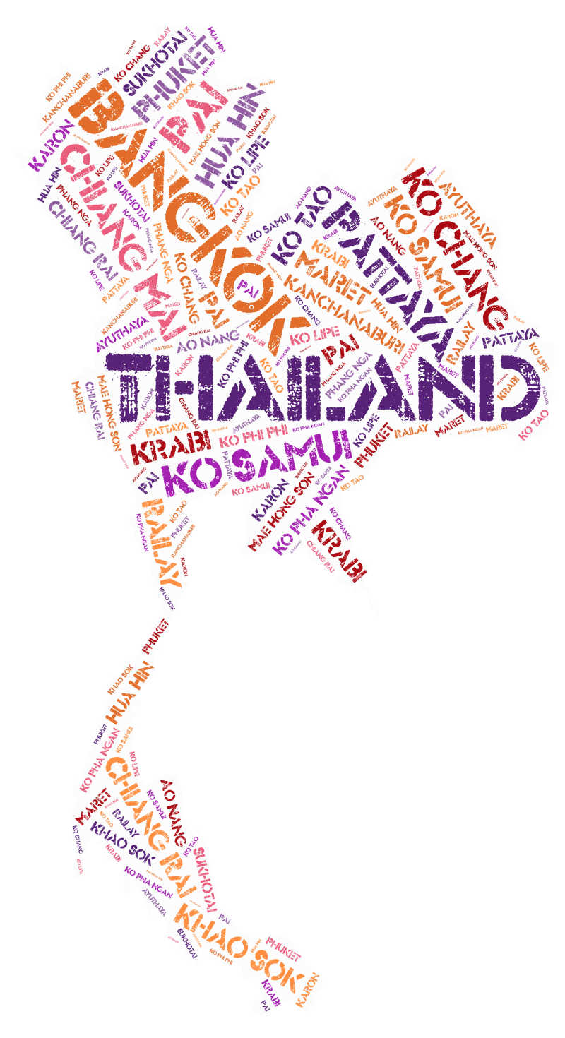 白色背景前泰国旅游地名单词